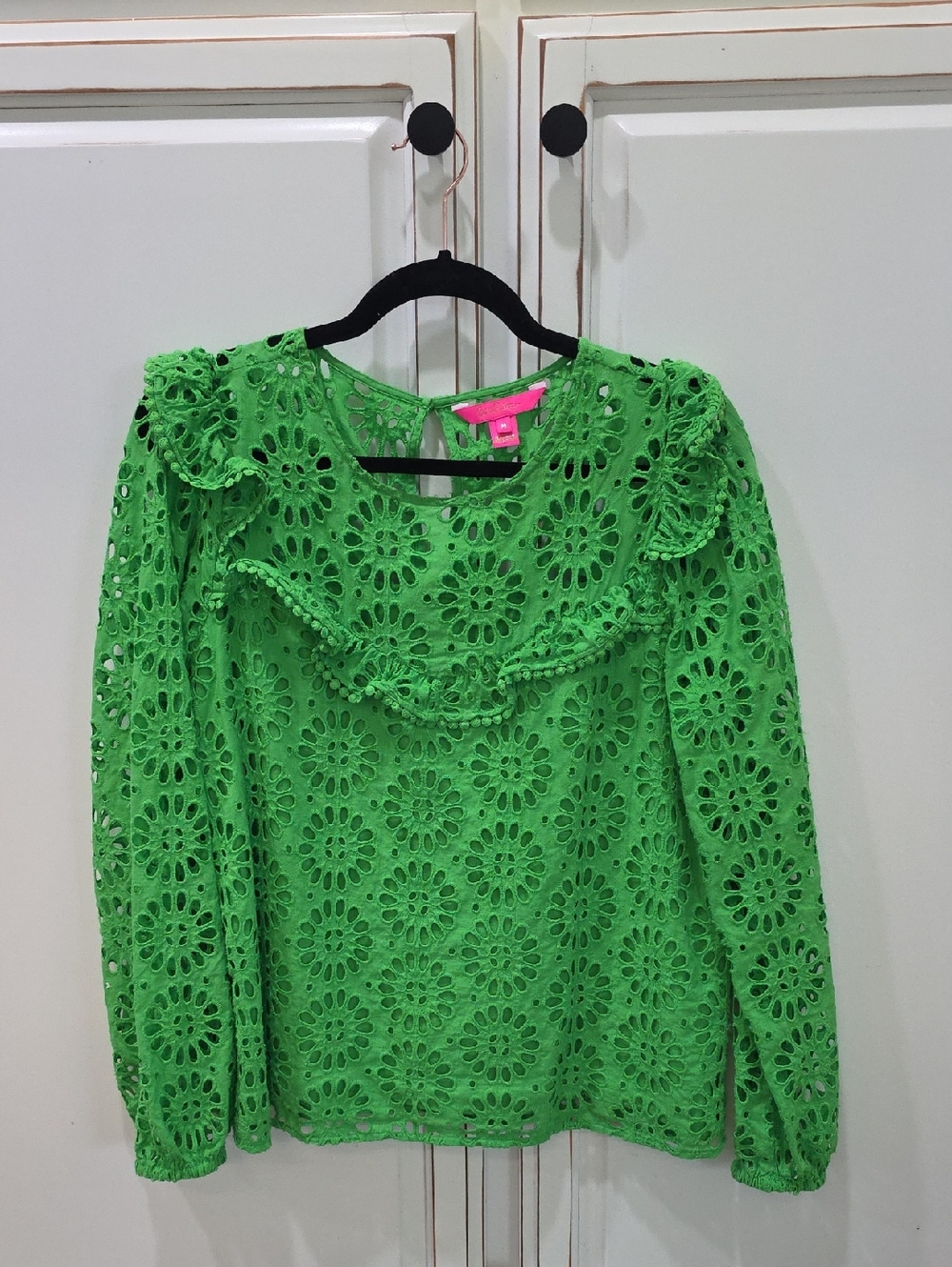 Lilly Pulitzer Kelly Green Eyelet Ruffle Long-Sleeve Top